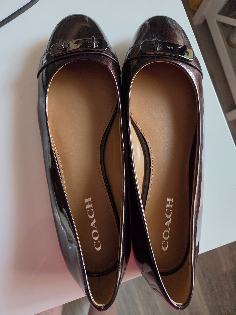 COACH Women's Burgundy Patent Leather Ballet Flats with Metal Accent